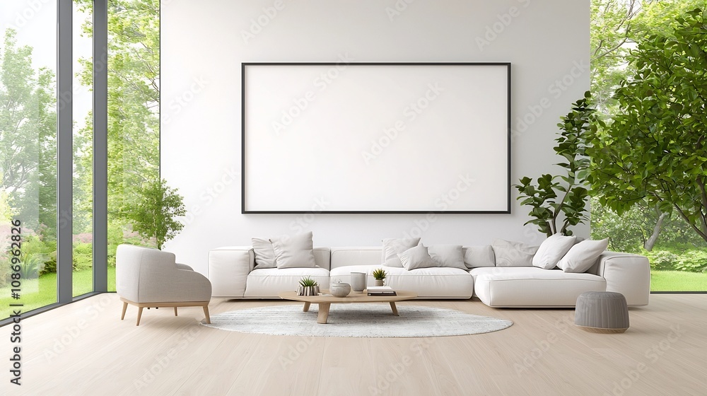 Poster tranquil modern minimalist living space with artwork mockup wall display cozy and comfortable interi