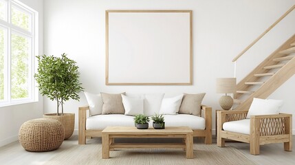 Elegant Living Room Wall Poster Mockup with Wooden Furniture and Stylish Open Atmosphere  Ideal for Advertising Branding and Product Showcasing