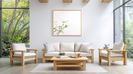 Fototapeta premium Minimalist living room wall poster mockup featuring a modern interior with wooden furniture a stylish and open atmosphere perfect for showcasing art designs or product displays
