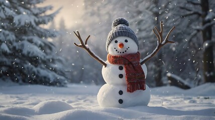 Obraz premium Cheerful snowman on a Christmas evening.