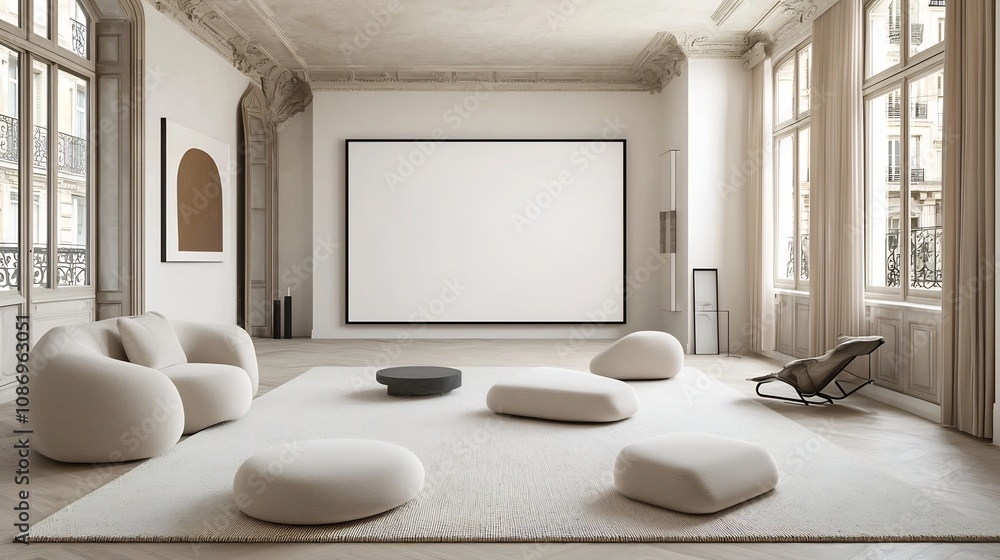 Poster spacious and minimalist living room with a large iso a sized frame mockup displayed on the wall show