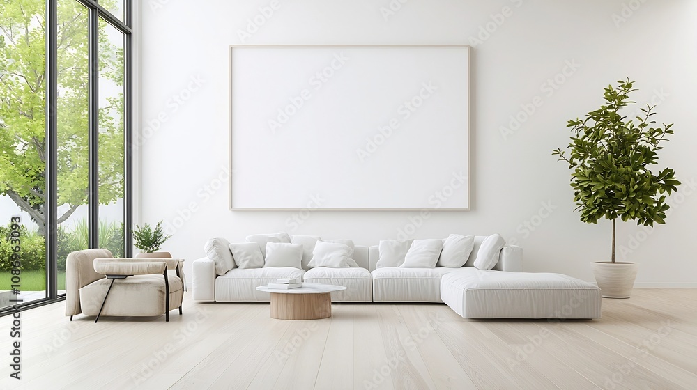 Poster spacious and elegant living room with blank iso a sized frame mockup displayed on the wall showcasin