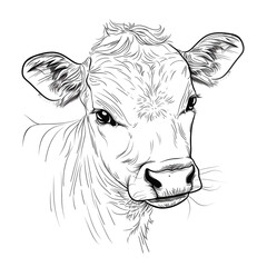 coloring book illustration of a young cute cow, kawai, sticker, graphic, crisp sharp lines, white background