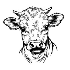 coloring book illustration of a young cute cow, kawai, sticker, graphic, crisp sharp lines, white background