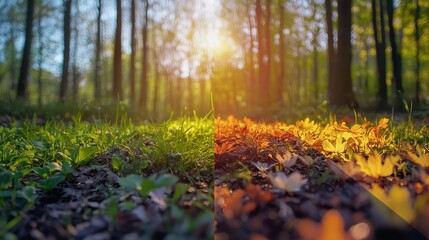 Stunning Contrast Between Lush Green Forest Floor and Vibrant Autumn Leaves Illuminated by the Warm Glow of Sunrise in a Peaceful Natural Setting