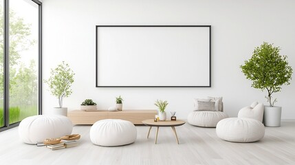 A cozy and stylishly designed modern living room featuring a blank frame on the wall comfortable and elegant furniture and tasteful home accessories that create a warm and inviting ambiance