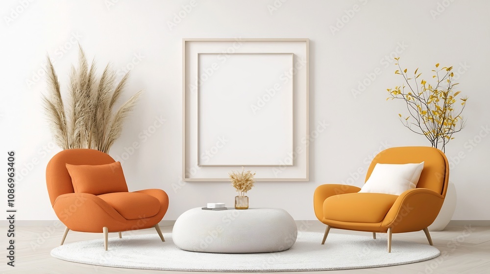Aufkleber chic and stylish 3d rendered interior of a modern minimalist living room featuring an empty frame mo
