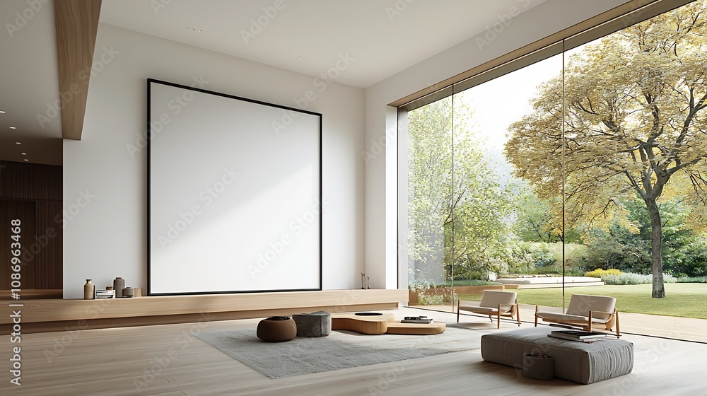 Poster Serene and Sophisticated Contemporary Living Room with Blank Frame Mockup  Featuring soft textures natural light and a minimalist design for a calming and elegant ambiance