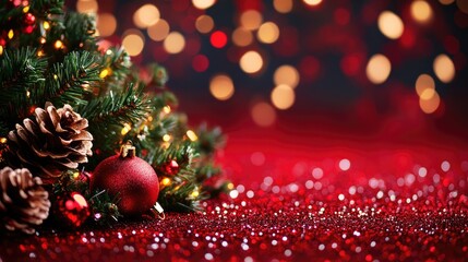 Obraz premium Festive Yuletide Scene Featuring Decorative Tree and Glimmering Bokeh Lights on Scarlet Canvas for Holiday Greetings