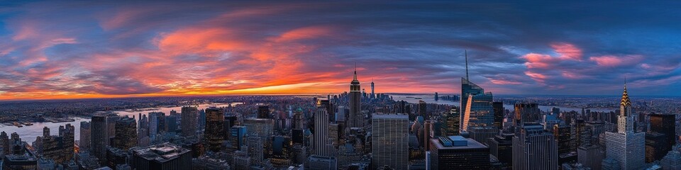 Obraz premium Dusk in the Big Apple: Iconic New York City Skyline with Urban Buildings and Sunset Glow