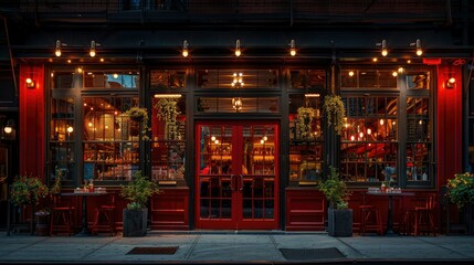 Fototapeta premium A red-door storefront with hanging plants, string lights, and tables lit by streetlamps in an urban setting.