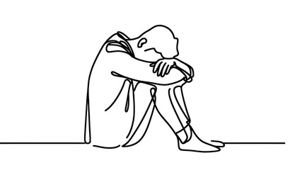 Simple one line drawing of a depressed, stressed out man Transparent background png file 
