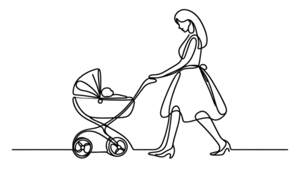 Simple one line drawing of a mom with a stroller . Transparent background png file