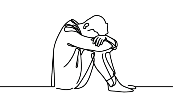 Simple one line drawing of a depressed, stressed out man Transparent background png file 