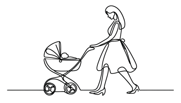 Simple one line drawing of a mom with a stroller . Transparent background png file 
