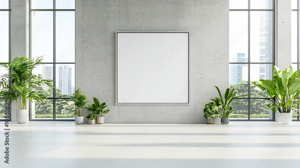 Fototapete Minimalist and serene office space featuring a concrete wall with an empty frame allowing natural sunlight to stream through the tall windows