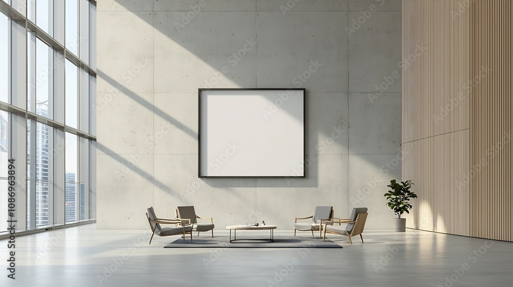 Aufkleber Serene and minimalist office space featuring a concrete wall with an empty frame and tall windows letting in natural sunlight creating a calming and productive work environment