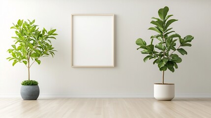Mockup frame in a stylish and cozy living room setting with natural lighting lush house plants and a modern minimalist interior design