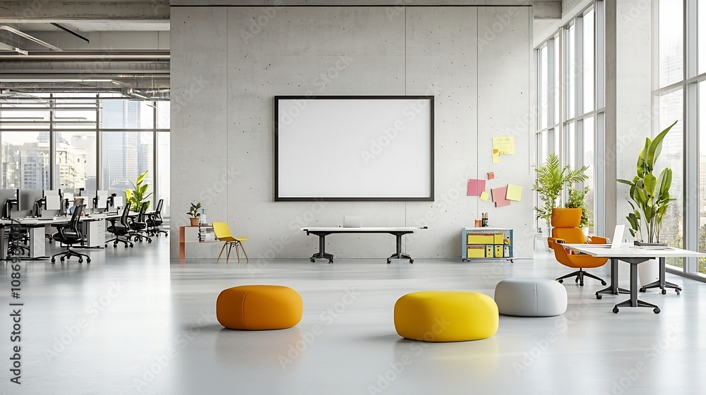 Poster bright and open modern office interior with an empty frame on a concrete wall surrounded by abundant