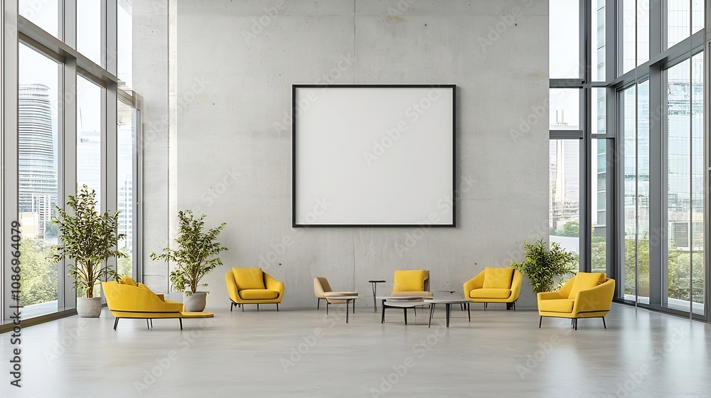 Aufkleber bright and open modern office interior with an empty frame mounted on a concrete wall surrounded by 
