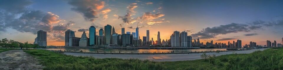 Obraz premium New York City Skyline at Sunset: A Stunning Urban Landmark View of America's Iconic Buildings and Streets