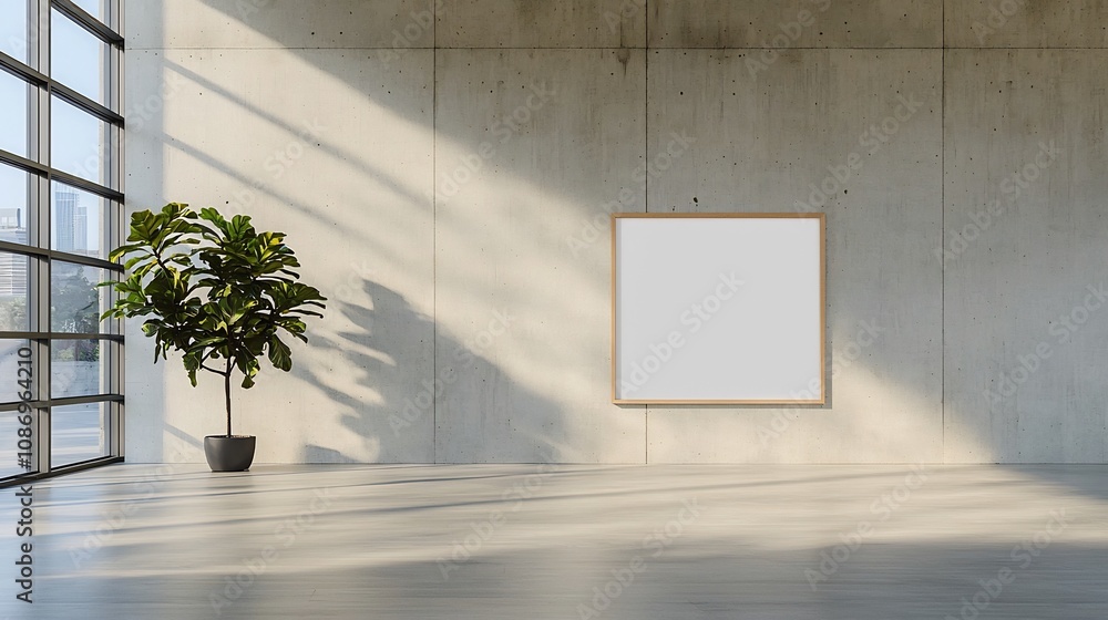 Poster spacious and bright industrial style office interior with concrete wall empty poster frame and soft 