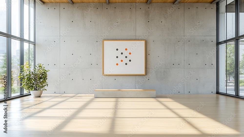 Poster bright and airy modern minimalist workspace with concrete walls an empty poster frame and large wind