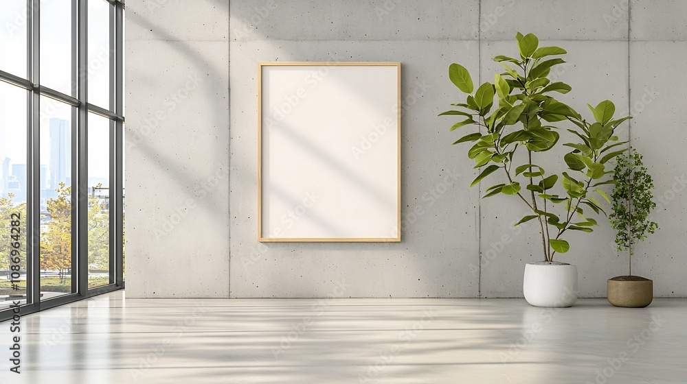 Poster bright and airy modern workspace with sleek concrete walls large windows allowing warm sunlight to f