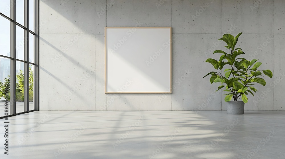 Leinwandbilder bright and airy modern workspace with concrete walls and an empty poster frame bathed in warm sunlig