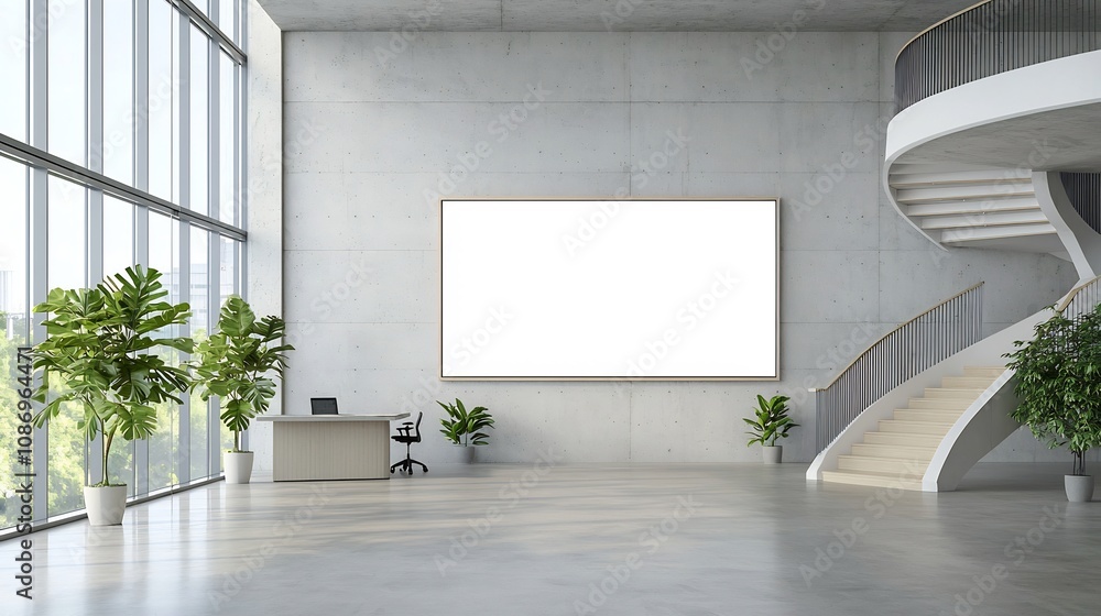 Poster sleek and modern office space featuring a concrete wall a large sunlit window and an empty frame cre