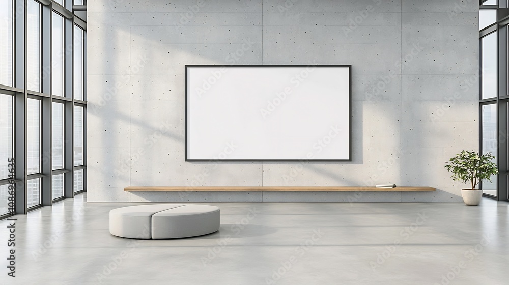 Poster sunlit minimalist office interior with an empty frame hanging on a concrete wall soft natural light 
