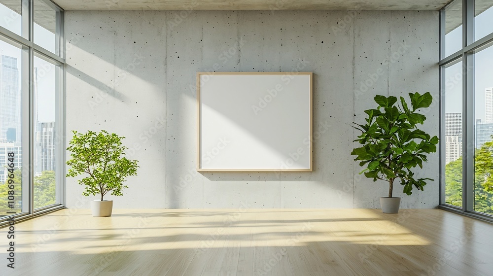 Fototapete Bright and airy modern office interior with a blank photo frame on a concrete wall and sunlight flooding through the expansive windows creating a calming and workspace