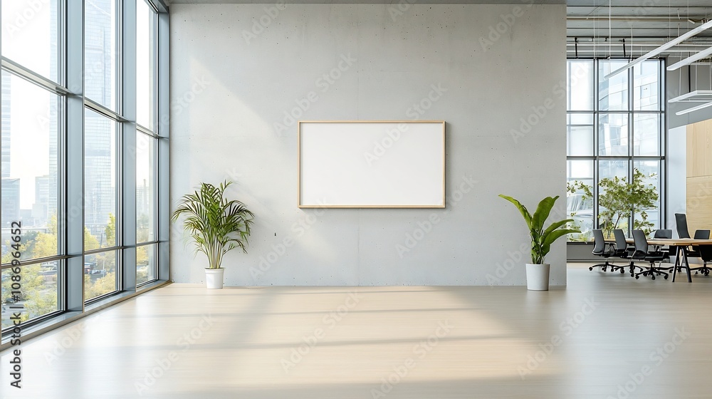 Fototapete Sunlit modern office interior with an empty frame on a concrete wall the soft natural light from tall windows enhancing the minimalist spacious and serene atmosphere of the workspace