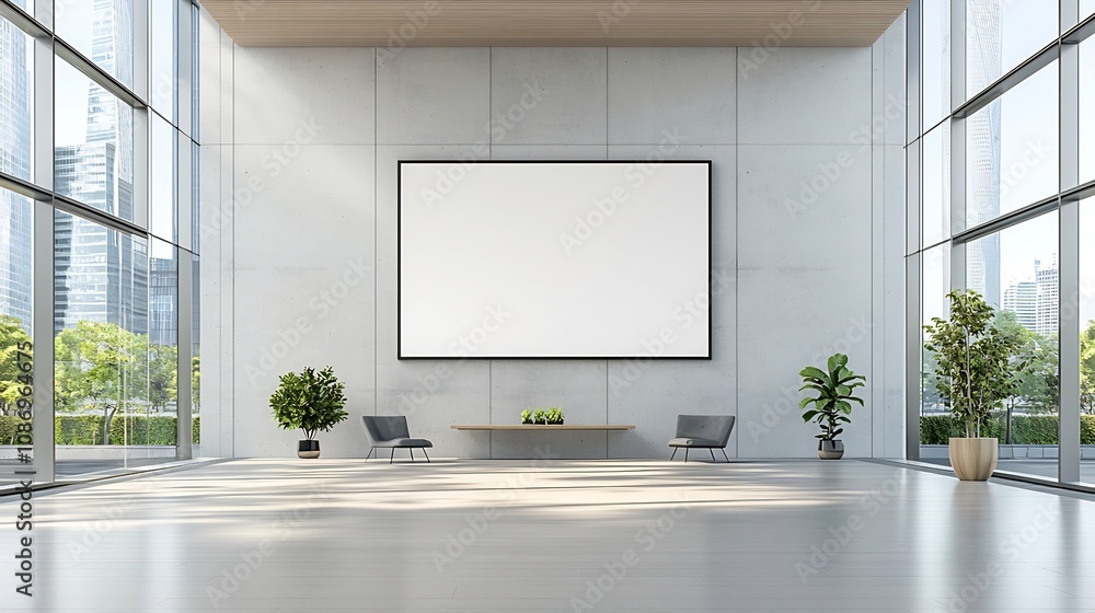 Poster Spacious and minimalist modern office interior featuring a blank frame on concrete walls and abundant natural sunlight from floor to ceiling windows creating an open and inviting workspace