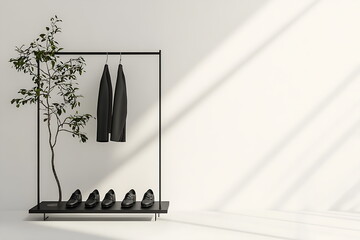 Black on a rack shoes and a black dress hanging