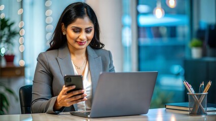 Tech-Savvy Businesswoman - An Indian professional using a smartphone and laptop simultaneously.
