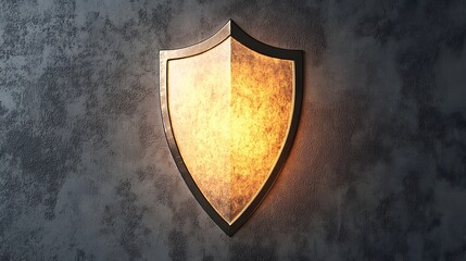 A shield with a metallic finish and glowing edges, symbolizing strength and protection.