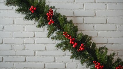 Fototapeta premium Festive fir branches against white brick wall