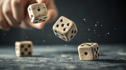 A hand throws four dice in the air, with one caught in mid-air, against a dark background.