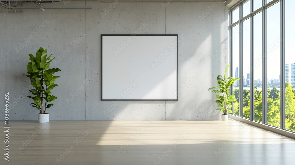 Aufkleber bright and airy modern office space with large concrete wall and empty frame bathed in warm sunlight