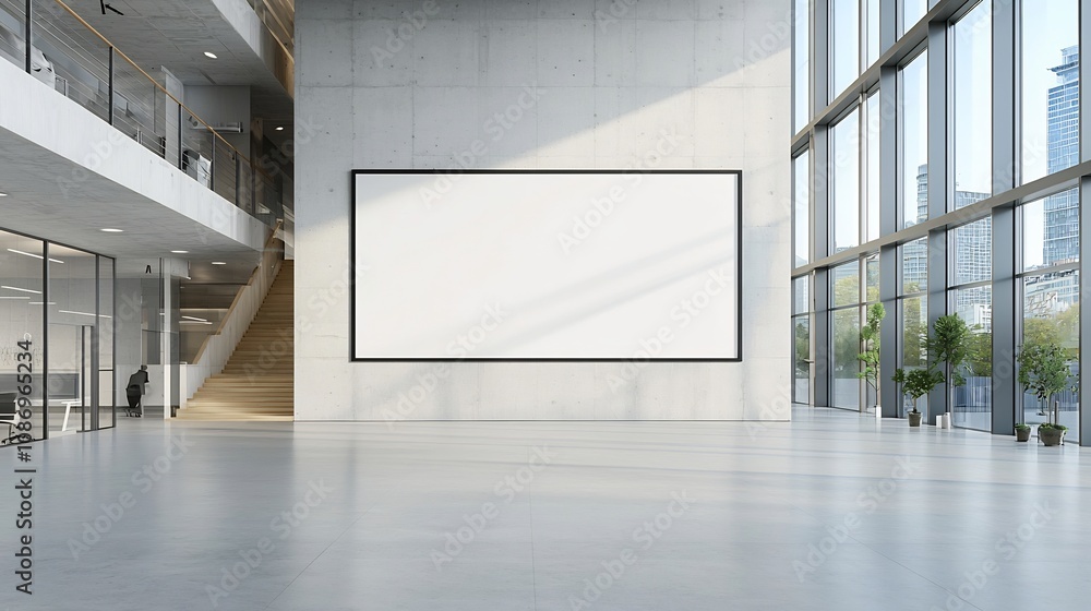 Poster Airy sunlit minimalist office space with a large concrete wall and an empty frame bathed in natural light from tall floor to ceiling windows creating a calm and inspiring work environment