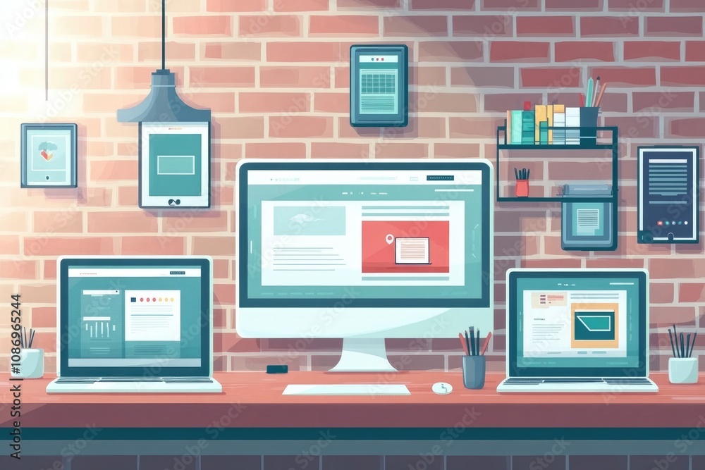 Poster responsive web interface showcase on laptop amidst stylish studio setting with wooden desk and brick