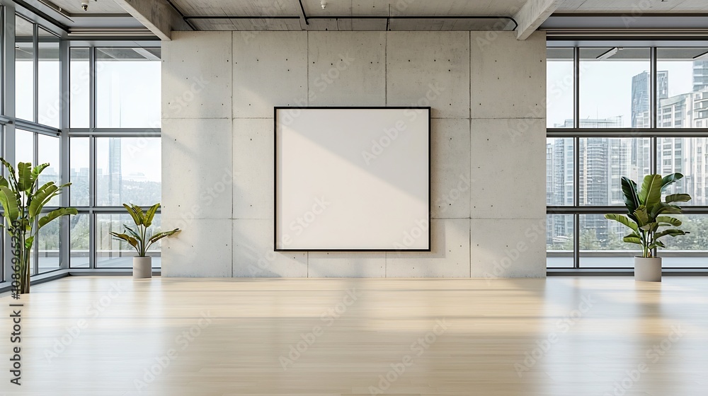 Fototapete airy and illuminating office interior with a large concrete wall an empty frame and floor to ceiling