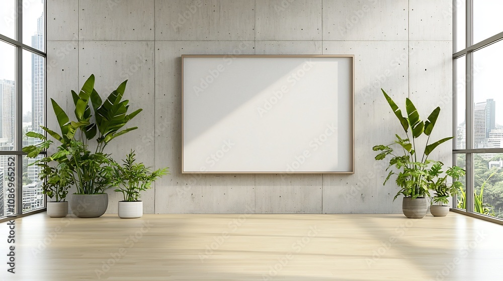 Aufkleber airy and bright office interior with large concrete wall featuring an empty frame bathed in soft sun