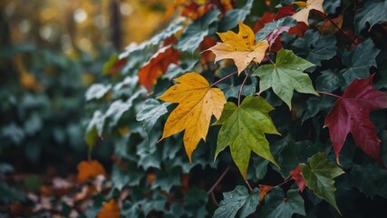 Five-leaved ivy with autumn branch and colorful leaves