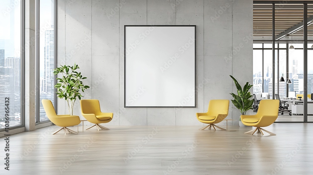 Poster sunlit contemporary open office interior with blank frame hanging on concrete walls and expansive gl