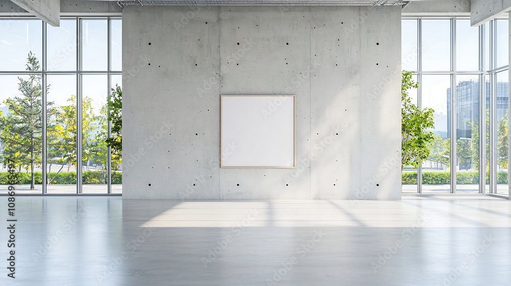 Fototapete Sunlit modern office with a concrete wall empty poster frame and spacious design accentuated by large windows