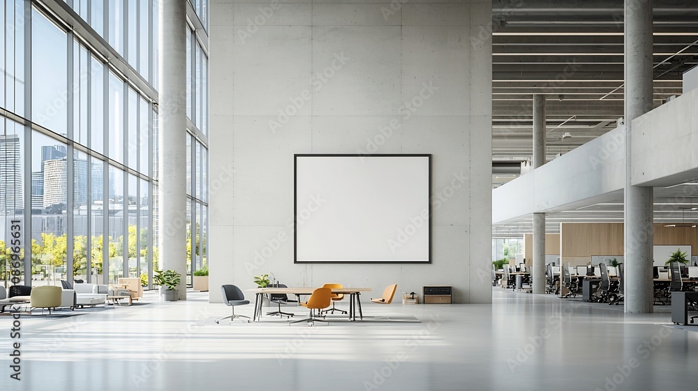 Poster bright and airy modern open concept office space with minimalist concrete walls large floor to ceili