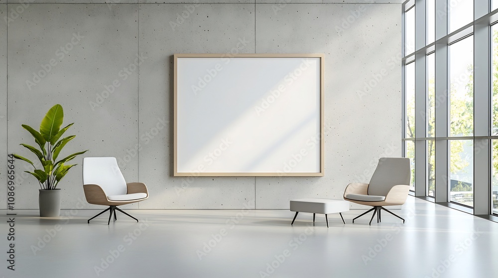 Leinwandbilder minimalist office interior with a concrete wall an empty frame and warm sunlight streaming through t