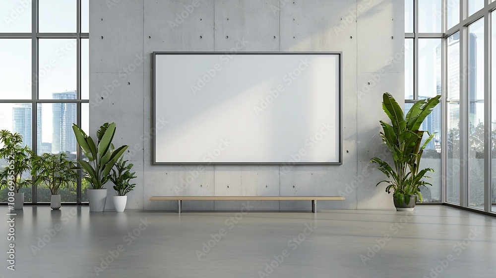 Aufkleber minimalist and elegant office interior design with a concrete wall empty frame and warm sunlight str